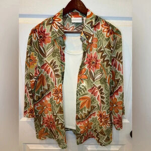 Alfred Dunner Women's Size 10 Blouse Tank Top Floral Fall Colors ¾ Sleeve